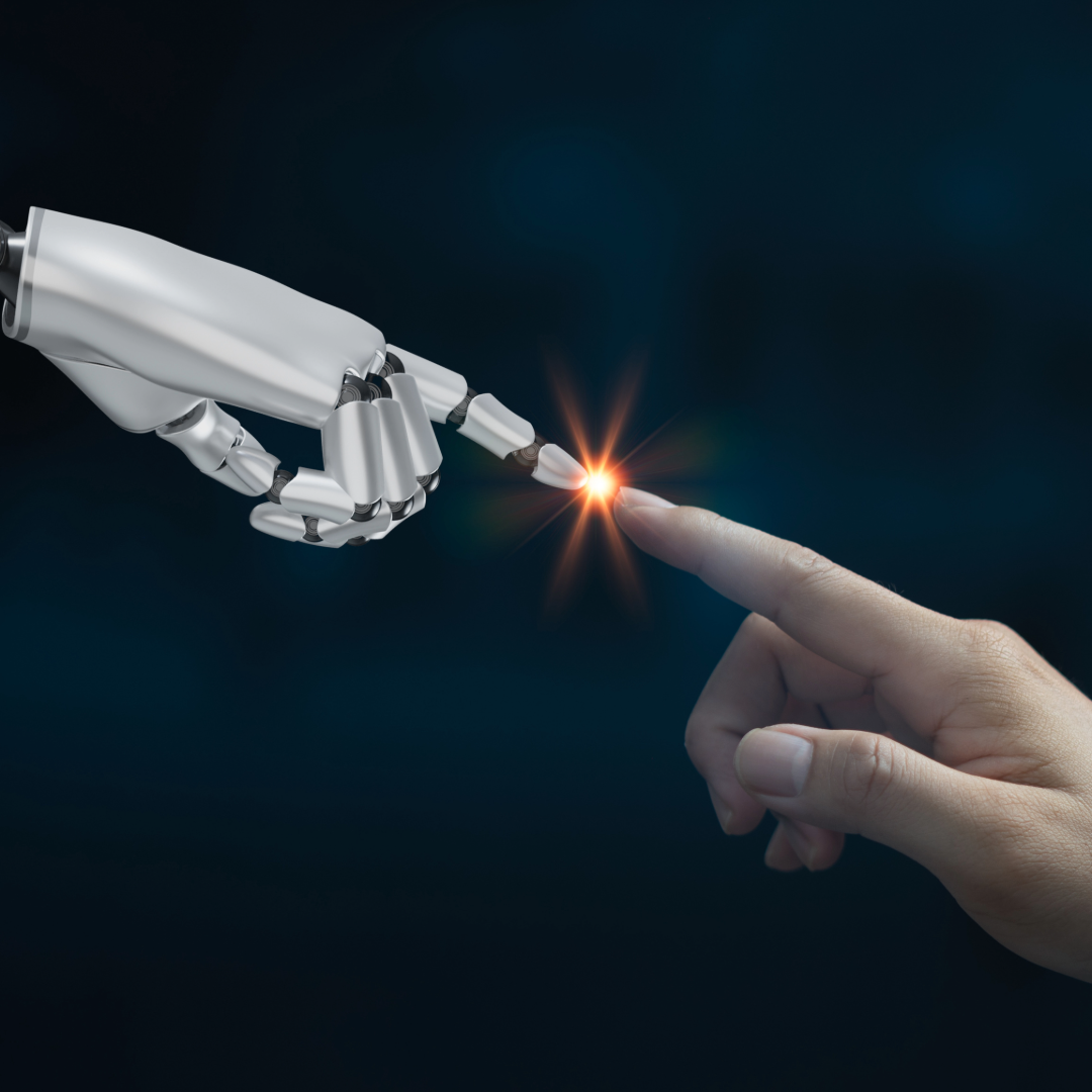 AI Robot hand touching index fingers with a human hand